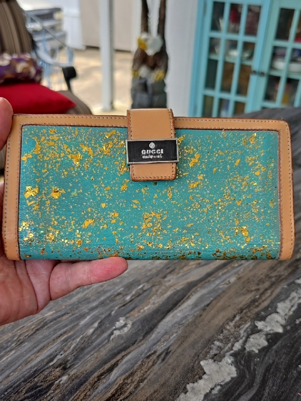 Gucci Teal Canvas Wallet with Gold Flakes Tan Trim Cream Colored Leather.